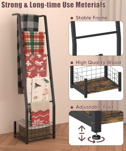 Ansionsol 6.3ft Blanket Ladder with Storage Basket, 5 Tier Decorative Ladder Shelf Stand for Living Room & Bedroom, Wall-Leaning Blanket Holder Quilt Rack for Home Décor, Rustic Brown & Black