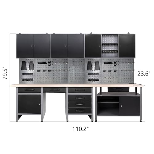 JZD Metal Workshop Durable Cabinet Combo Set, Wooden Top Workbench Set Garage Storage Organizer System