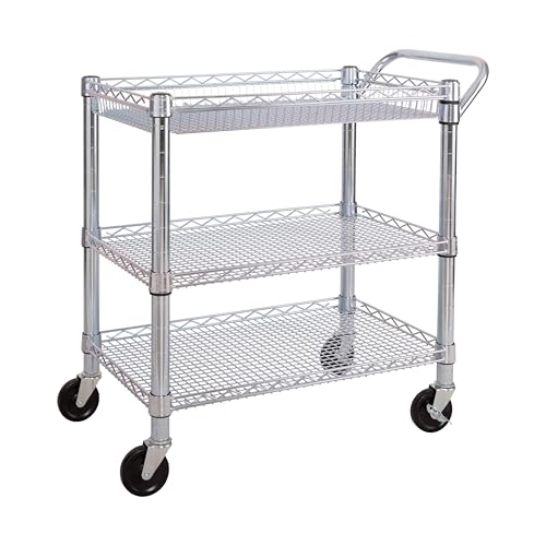 Seville Classics UltraDurable NSF Commercial Heavy Duty Metal Rolling Utility Cart, Handle Bar for Restaurant, Garage, Warehouse, Kitchen, Office, Deep Top Basket (34.8"W x 18.25"D)