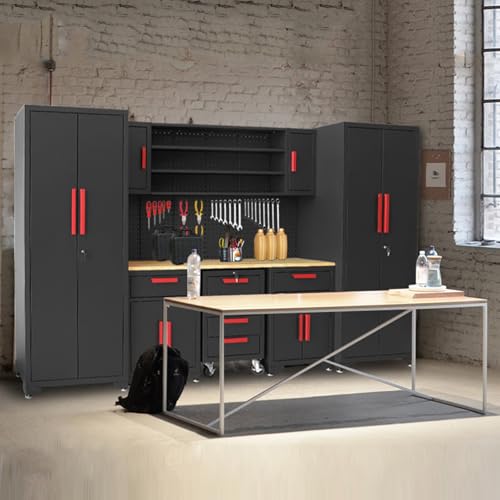 Torin Garage Storage Cabinets System, 8-Pcs Workshop Cabinet Set in Black, Included Steel Cabinets Drawers Rolling Chest and Pegboard,Locked Garage Storage Cabinet