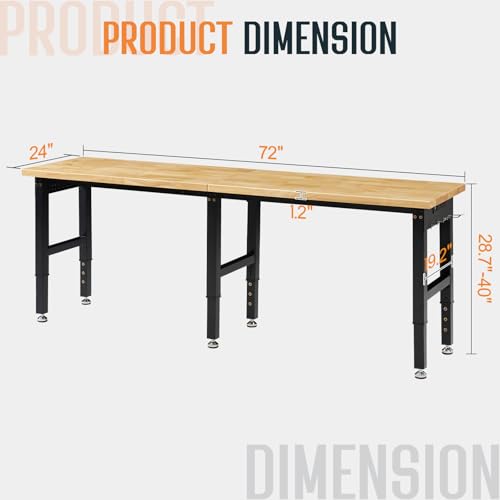 SPECRAFT 72" Adjustable Heavy Duty Workbench with 4 AC Outlet and 2 USB Ports Power Outlets, 6000 Lbs Capacity, Rubber Wood Top for Garage, Workshop, Office