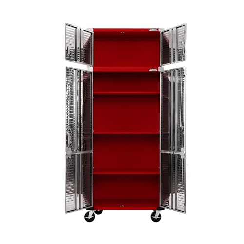 Seville Classics UltraHD 2-Piece Heavy Duty Mega Solid Steel Metal 2-Door Lockable Stacker Wall Storage, Cabinet Set Organizer for Garage, Office, Classroom, Red, 36" W x 18" D x 90.5" H