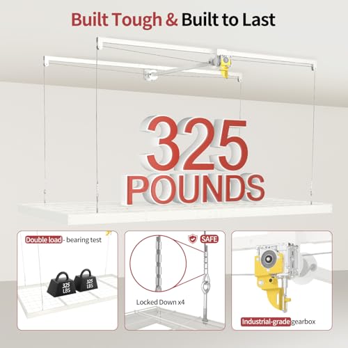 Garage Ceiling Storage Racks – 4x8 FT Overhead Garage Storage Rack with Safety Lock, Heavy-Duty Ceiling Mounted Lift System and Storage Organizer, Ideal for Maximizing Overhead Space, 325 lbs Capacity