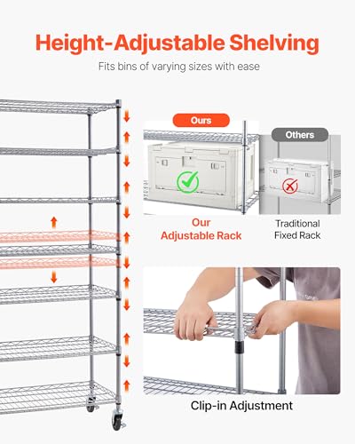 VEVOR 7-Tier Rolling Bin Storage Rack, 18 Organizer Bins, Bin Rack Storage Steel Wire Shelving System with Wheels, Mobile Tool Organizer for Garage, Warehouse, Office, Restaurant, Classroom, Kitchen