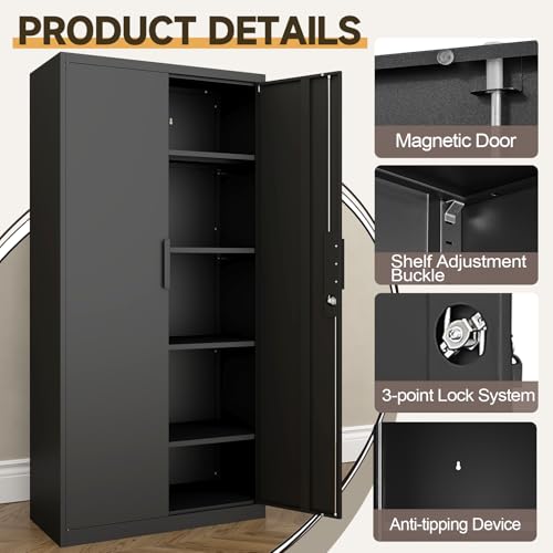 GREATMEET Metal Garage Storage Cabinets, 72" H Locking Garage Cabinets with 2 Doors and 4 Shelves, Utility Cabinet for Office, Garage, Home, Gym, School, Black