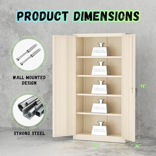 SUNCROWN Metal Storage Cabinets with Lock, Tool Cabinet, 72" Locking Steel Storage, Tall Locker Organizer Garage Cabinets with 2 Doors and 4 Shelves for Home,Office,Warehouse,Garage,School(Warm Grey)