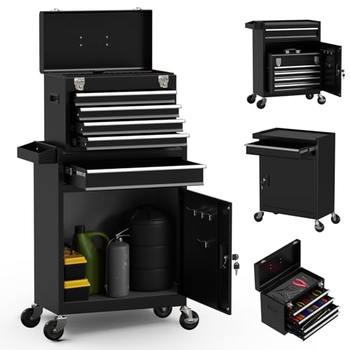 Granper 5-Drawer High Capacity Rolling Tool Box, Removable Cabinet Storage Tool Chest with Wheels and Drawers, Detachable Toolbox with Lock for Mechanics Garage Workshop and Tool Room (Black)