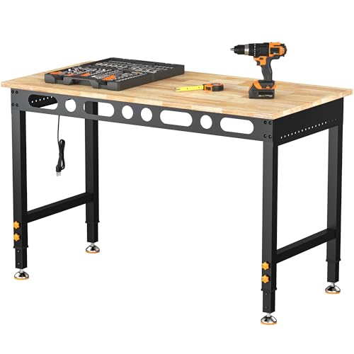 CAMMOO 48 Inch Adjustable Workbench 2000 LBS Capacity, Power Strip, Solid Rubber Wood Top, Heavy Duty Craft Work Table for Home, Garage, Workshop, and Office