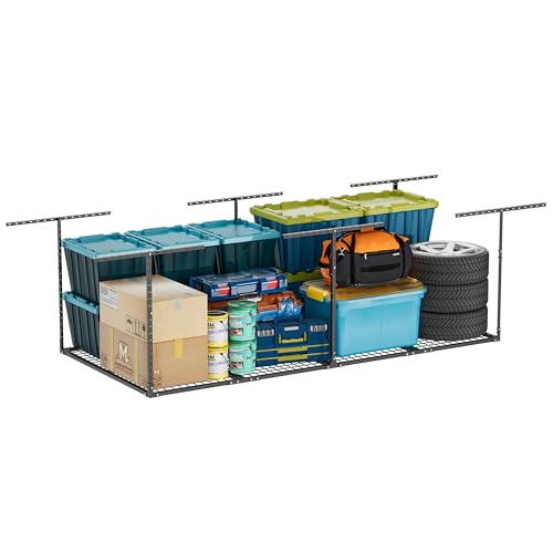 Soywey 4 x 8 FT Overhead Garage Storage Rack, Adjustable Ceiling Storage Racks, Garage Shelving Heavy-duty Storage Organizer System, Load 700LBS Weight(Black)