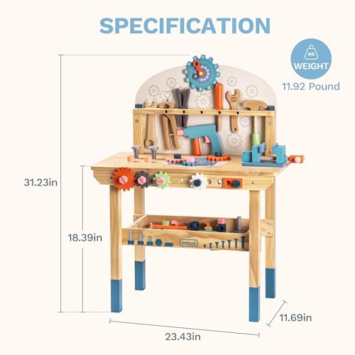 ROBUD Large Wooden Play Tool Workbench Set for Kids Toddlers, Construction Workshop Tool Bench Toys Gift, Multicolor