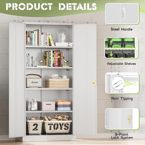 Crownland 72" Lockable Metal Storage Cabinet, Garage Storage Cabinets, High Office Cabinet with Adjustable Shelves for Garage, Home Office,Pantry, File(White)