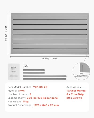 VEVOR Slat Wall Paneling, 2 x 4 ft, PVC Garage Slatwall with Modular Design, Grey Slat Wall Easy-to-Install Adjustable Slatwall Panel with Coupling Structure & DIY Cutting, Fits for Storage & Display