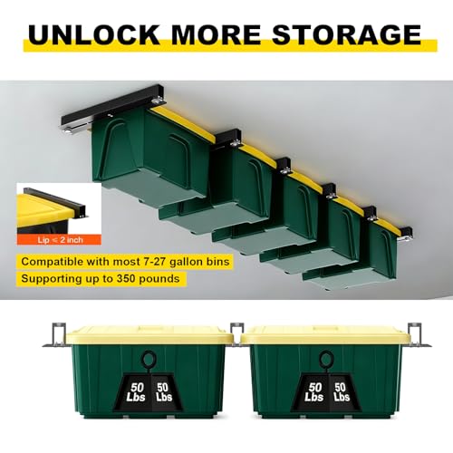 Yuleimy Overhead Garage Storage Rack for 27 Gallon Totes (6-Pack for 5 Bins), Heavy Duty Metal Ceiling Mount Hanging Bin Rails, Adjustable Storage Track System for Workspace Organization
