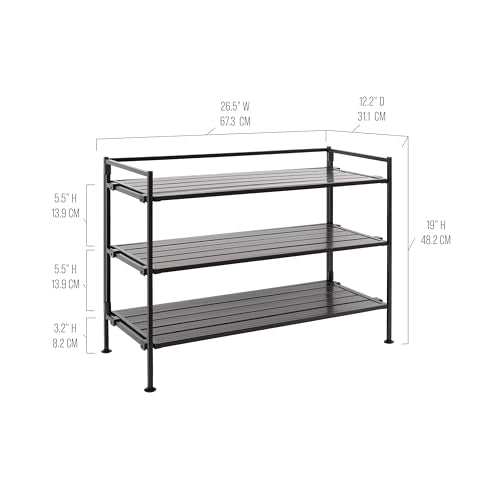 Seville Classics Sturdy Freestanding Storage Shelf for Bedroom, Closet, Entryway, Dorm Room Organizer, Stackable Metal 3-Tier 2" Resin Slat Shoe Rack, Espresso