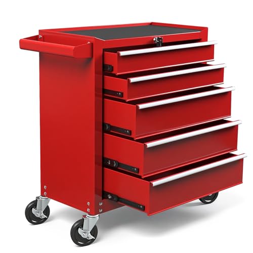 YELLOW JACKET Rolling Tool Chest 5 Drawers, Portable Tool Storage Cabinet with Wheels, Tool Cabinet Organizer with Locking System & Drawer Liners, Tool Storage Cart for Garage, Workshop, Red
