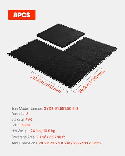 VEVOR Garage Floor Tiles 20.2 x 20.2 x 0.2 inch, Interlocking Ease of Installation Diamond Plate Slip-Resistant Texture Non-Slip Sturdiness, for Garages, Warehouse, Tool Room, Black, 8 Pack