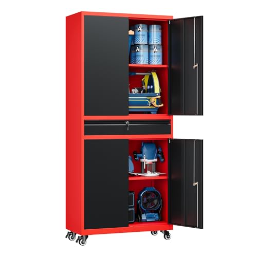 Yizosh Metal Garage Storage Cabinet with Locking Doors and Adjustable Shelves,- 73" Rolling Tool Storage Cabinet with 4 Wheels and 1 Drawer for Garage,Warehouse (Red Black)