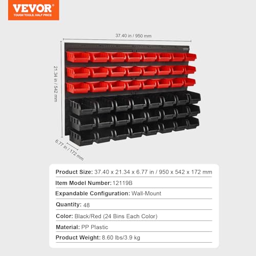 VEVOR 48-Bin Wall Mounted Storage Bins Parts Rack Organizer Garage Shop Tool Organizer for Screws, Nuts, Bolts, Nails, Beads, and Small Hardware Parts, With Wall Panels