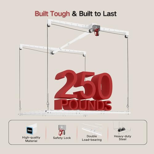 KOKORACKER Overhead Garage Storage Rack, Adjustable Heavy-duty 4x4 Ft Ceiling Storage Racks with Safety Lock, Ideal for Garage Storage Lifting Organization System, 250lbs Capacity, White