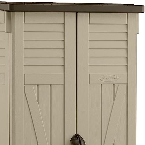 Suncast Vertical Shed, Compact Outdoor Storage System, 22 Cu. Ft. Capacity, Sand & Mustang - Lockable Multi-Wall Resin Organizer for Long-Handle Tools, Garden Supplies and Yard Equipment