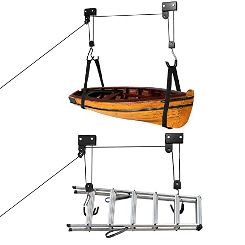 Therwen 2 Pack Kayak Hoist Lift Systems with 100 lb for Kayaks Canoes Surfboards Bikes Ladders Garage Storage Canoe Lift Pulley System Capacity Ceiling Mount Hoists