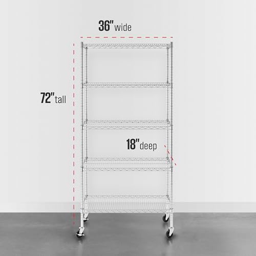 SafeRacks - NSF Certified Storage Shelves, Zinc, Heavy Duty Steel Wire Unit with Wheels and Adjustable Feet, Garage or Bakers Rack, Kitchen, Pantry Shelf - (18"x36"x72" 5-Tier) (Silver)
