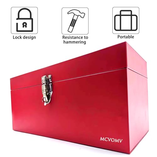16" Portable Metal Toolbox Large Tool Box 18-Gauge Fishing Tackle Box Stee Tool Box Drawer Organizer With Metal Latch and Handle Red