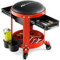 Goplus Rolling Mechanic Stool, Shop Stool Creeper Seat with Removable Padded Seat, 2 Drawers, Tool Tray, Twin Can Holder, Universal Wheels, Round Garage Workshop Chair, 330 Lbs Max Capacity (Red)