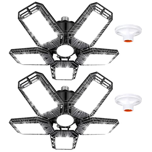 Luyata LED Garage Lights 2 Pack, Ceiling LED Shop Light 180W 18000LM 6500K Screw in Led Light with 5+1 Deformable Panels, Bright Led Lighting for Garage Workshop Basement Support E26/E27 Socket