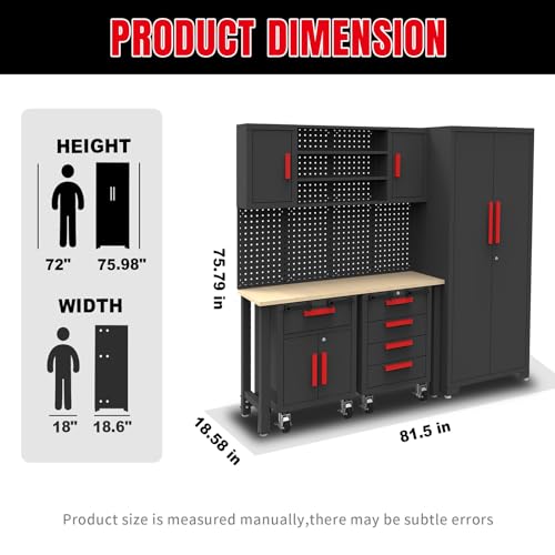Big RED Garage Storage Cabinets System, 6-Pcs Workshop Cabinet Set in Black, Included Steel Cabinets Drawers Rolling Chest and Pegboard,Locked Garage Storage Cabinet