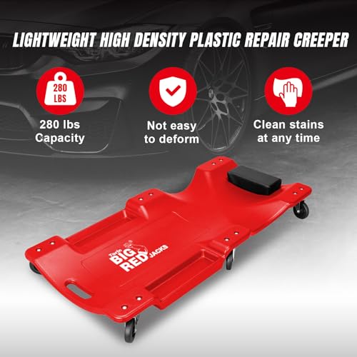 Big RED Torin Blow Molded Plastic Rolling Garage/Shop Creeper: 40" Mechanic Cart with Padded Headrest, Dual Tool Trays and 6 Casters, Red