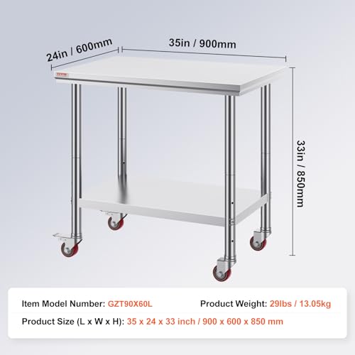 Vevor Mophorn Stainless Steel Work Table 36x24 Inch with 4 Wheels, Casters Heavy Duty Food Prep Worktable for Commercial Kitchen Restaurant, Silver
