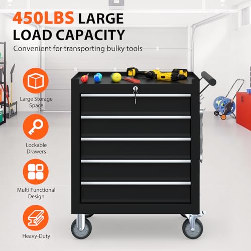 Granper 5-Drawer Rolling Tool Chest, Tool Box with 4 Wheels and Drawers, High Capacity Detachable Mobile Tool Storage Cabinet for Garage, Workshop, Mechanics and Repair Room (Black)