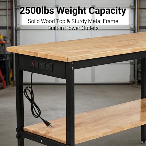48/60/70 Inch Adjustable Workbench with Power Outlet Heavy Duty 2500 LBS Load Capacity Hardwood Work Table for Garage 6 Level Height Adjustable Workshop Bench with Wheels (60"x24"Double-Layer)