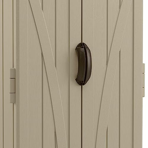 Suncast Vertical Shed, Compact Outdoor Storage System, 22 Cu. Ft. Capacity, Sand & Mustang - Lockable Multi-Wall Resin Organizer for Long-Handle Tools, Garden Supplies and Yard Equipment