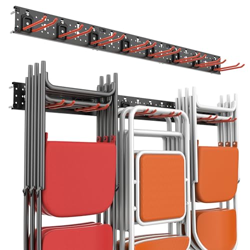 Wallmaster Wall Mount Garage Organizer Tool Storage Rack, Heavy Duty Folding Chair Hangers with 8 Adjustable Hooks, 48-inch Tracks, Max Load 300lbs