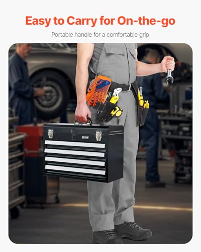 VEVOR Metal Tool Box, 20.5-inch, Portable Metal Tool Box with 4 Drawers, Small Tool Chest with EVA Liners, Ball Bearing Slide Drawers Locking & Powder Coated Finish, Multi-Function Tool Organizer
