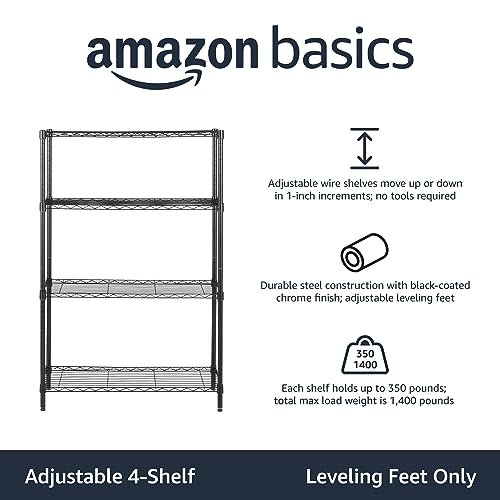 Amazon Basics 4-Shelf Adjustable Heavy Duty Steel Wire Rack Storage Shelving, Sturdy Garage Shelving, 350 lbs Capacity Per Shelf, Easy No-Tool Assembly, 36" x 14" x 54", Black