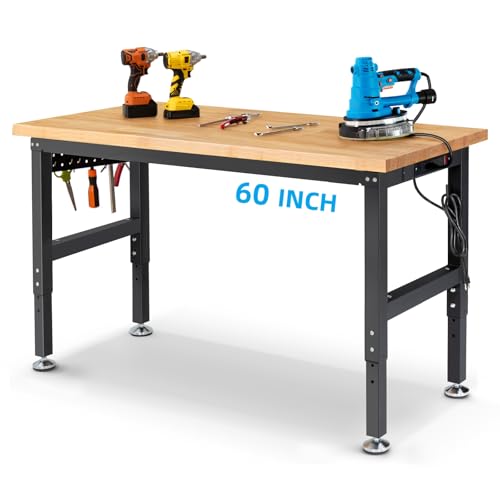 ENJOYWOOD 60" Adjustable Workbench, 1.2" Rubber Wood Top Heavy Duty Workstation, 2500 LBS Load Capacity Hardwood Work Table with Power Outlets & Pegboard, for Garage, Workshop & Home