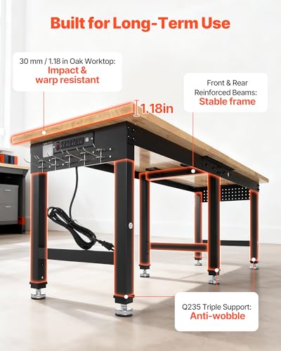 VEVOR Adjustable Workbench, 5000 lbs Capacity, 96 x 24 Inch Oak Wood Top Workstation with 4 AC Outlets & 2 USB Ports, Heavy-Duty Hardwood Worktable for Garage, Workshop, Home, Office, Commercial