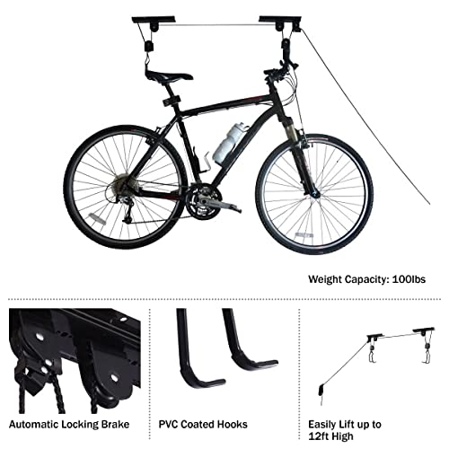 Set of 4 Bike Hangers for Garage - Hoist Pulley System with 100lb Capacity - Overhead Ceiling Storage for Bicycles or Ladders by RAD Sportz