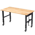 GVGBUK 48" Height Adjustable Workbench, 2000 LBS Load Capacity Rubber Wood Top Workstation, Heavy-Duty Hardwood Worktable for Garage Workshop (with Wheels and Socket,48'')