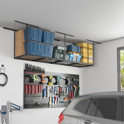 FLEXIMOUNTS 2x8 Overhead Garage Storage Adjustable Ceiling Storage Rack with 2-Pack 1x6ft 12-inch-by-72-inch Wall Shelf, 400lbs+600lbs Capacity,Black