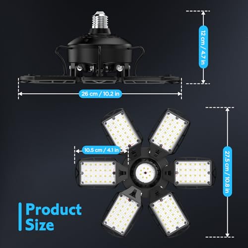 SYDHTF LED Garage Lights 2 Pack, 18000LM 180W Deformable Shop Light with 6+1 Adjustable Panels, 6500K Daylight White Ceiling Light for E26 Base, Ideal for Garage/Basement/Barn