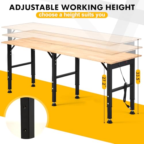 OLBRUS 68 "Adjustable Workbench with Power Outlet - Work Bench Table Heavy Duty 1500 LBS Load Capacity, Hardwood Work Table for Garage, Workshop, Office, Home