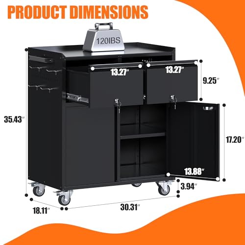Aobabo Rolling Metal Storage Cabinet with Wheels, Heavy Duty Steel Garage Tool Cabinet with 2 Drawers, Pegboard & 4 Hooks, Lockable Mobile Organizer with Adjustable Shelves, Black, Assembly Required