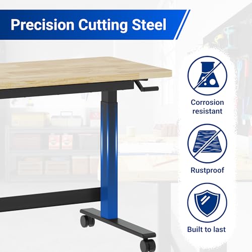 FLEXIMOUNTS 47.2" x 23.6" Adjustable Height Workbench with Hand Crank, Drawers & 360° Wheels – Rubber Wood Top Heavy-Duty Workstation & Steel Frame for Garage, Studio, Kitchen or Workshop