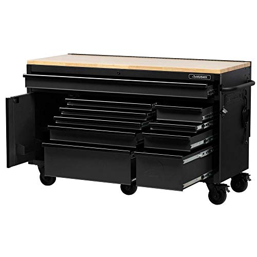 Husky 61 in. W 23 in. D 10-Drawer 1-Door Mobile Workbench with Solid Wood Top and Flip-Up Pegboard in Textured Black