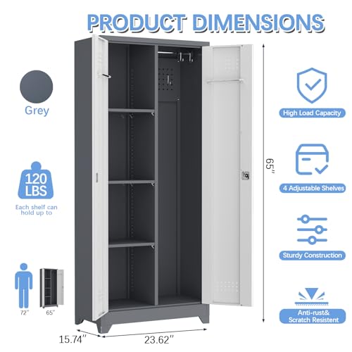 IRONFFICE Metal Garage Storage Cabinets,Broom Closet Storage Cabinet with Doors and Shelves,Tall Utility Closet Cabinet with Pegboard,Laundry Cabinet for Garage,Warehouse,Home,Basement,Grey-White