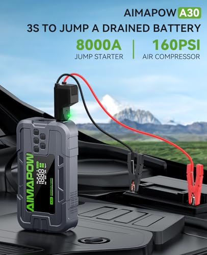 Car Battery Jump Starter with Air Compressor 8000A 160PSI, Jump Starter Portable (All Gas/12L Diesel), 12V Car Jump Starter with Inflator, Jump Box Quick Charge and 270°LED Light